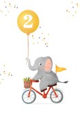 Verjaardagskaart kind 2 jaar fietsende olifant confetti 2