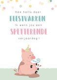 Verjaardagskaart kind met een getekende feestvarken 2