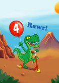 Verjaardagskaart met T-rex op step met ballon in zijn hand! 2