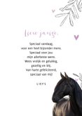 Verjaardagskaart paard met lila hartjes en bladeren leeftijd 3