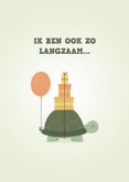 Verjaardagskaart schildpad met ballon en cadautjes te laat 2