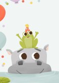 Verjaardagskaartje kind met nijlpaard en kikker ballonnen 2