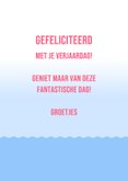 Verjaardagskaartje poes relaxt in flamingo zwemband op water 3