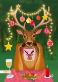 Vrolijke kerstkaart met rendier aan tafel 2