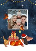 Vrolijke kerstkaart met teckel en roodborstjes en foto 2