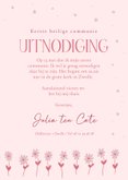 Vrolijke roze communiekaartje met eenhoorn en bloemen 3