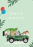 Vrolijke uitnodiging met een stoere jeep vol dierenvriendjes 2