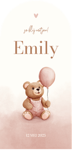 Boog geboortekaartje teddybeer met ballon roze waterverf