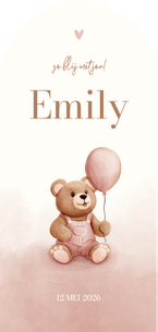 Boog geboortekaartje teddybeer met ballon roze waterverf