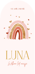 Geboortekaartje boogkaart regenboog roze hartjes goud