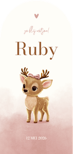 Geboortekaartje hertje boog met strik roze waterverf