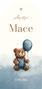 Geboortekaartje teddybeer boog met ballon blauwe waterverf