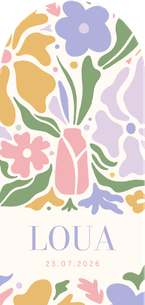 Hip pastel geboortekaartje bloemen langwerpig met boog