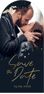 Save the date trouwkaart hoge boogkaart foto spetters goud