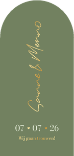 Trouwkaart met boog groen minimalistisch goud hartjes