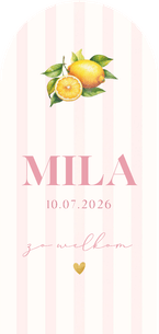 Zomers geboortekaartje meisje citroenen en roze streepjes