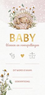 Babyshower invulkaart met konijntje tussen de bloemen