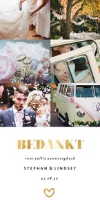 Bedankkaart lang met fotocollage en gouden accenten