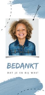 Bedankkaartje communie feest blauw verf pijltje foto