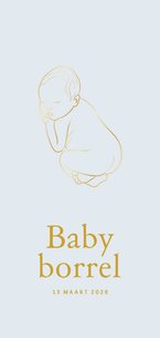 Blauwe uitnodiging baby borrel met een lijntekening