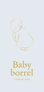 Blauwe uitnodiging baby borrel met een lijntekening