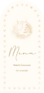 Boogvormig menukaartje met duif en kader van hartjes