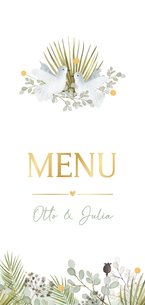 Botanische menukaart trouwen met planten en duifjes
