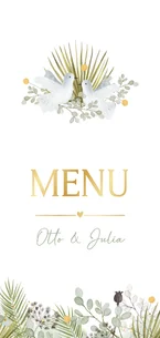 Botanische menukaart trouwen met planten en duifjes