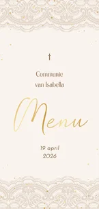 Communie menukaart beige kant met gouden spettertjes