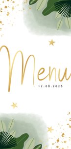 Communie menukaart hip planten, waterverf en gouden spetters