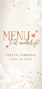 Communie menukkaart eucalyptus koper spetters en hartjes
