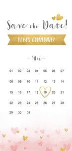 Communie Save the Date kaart met gouden en roze hartjes 