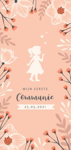 Communie uitnodiging met stijlvolle bloemen en silhouet