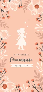Communie uitnodiging met stijlvolle bloemen en silhouet