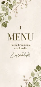 Communiefeest menukaart natuurlijk zand eucalyptus