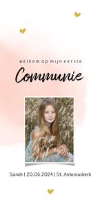 Enkele communiekaart met roze waterverf en hartjes