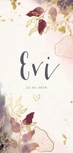 Geboortekaartje dubbel stijlvol met waterverf en bloemen