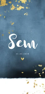 Geboortekaartje gouden spetters blauwe waterverf