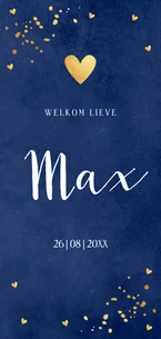 Geboortekaartje jongen blauw langwerpig goud hartje