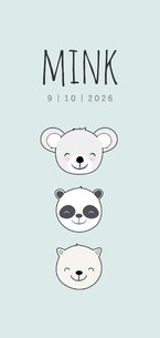 Geboortekaartje jongen derde kind met koala, panda en katje