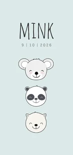 Geboortekaartje jongen derde kind met koala, panda en katje