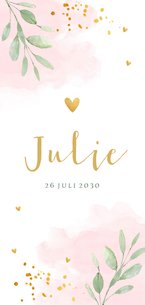 Geboortekaartje meisje langwerpig roze waterverf bladeren