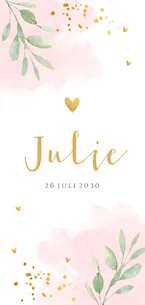 Geboortekaartje meisje langwerpig roze waterverf bladeren