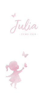 Geboortekaartje meisje met silhouet in waterverf en vlinder