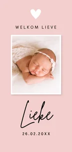 Geboortekaartje meisje roze langwerpig met foto