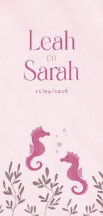 Geboortekaartje met zeepaardjes voor een tweeling roze