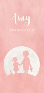 Geboortekaartje roze silhouet broer en zusje in volle maan