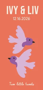 Geboortekaartje tweeling meisjes rood met paars en vogeltjes