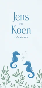 Geboortekaartje voor jongens met zeepaardjes blauw tweeling