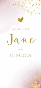 Geboortekaartje waterverf roze met goudspetters